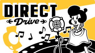 A publicity screen for DirectDrive, with a forties-style singer singing into an old microphone, depicted in a cartoon art style.