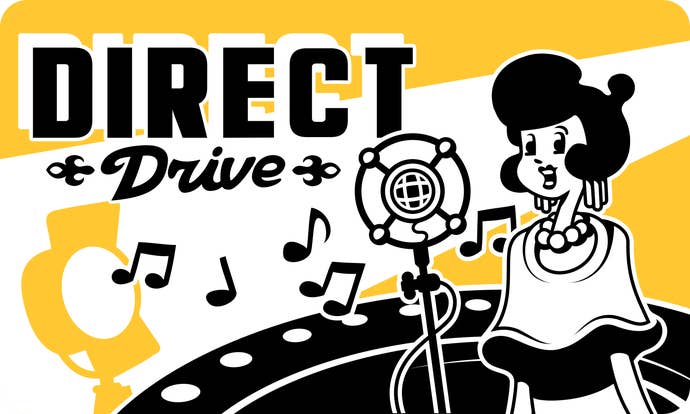 A publicity screen for DirectDrive, with a forties-style singer singing into an old microphone, depicted in a cartoon art style.