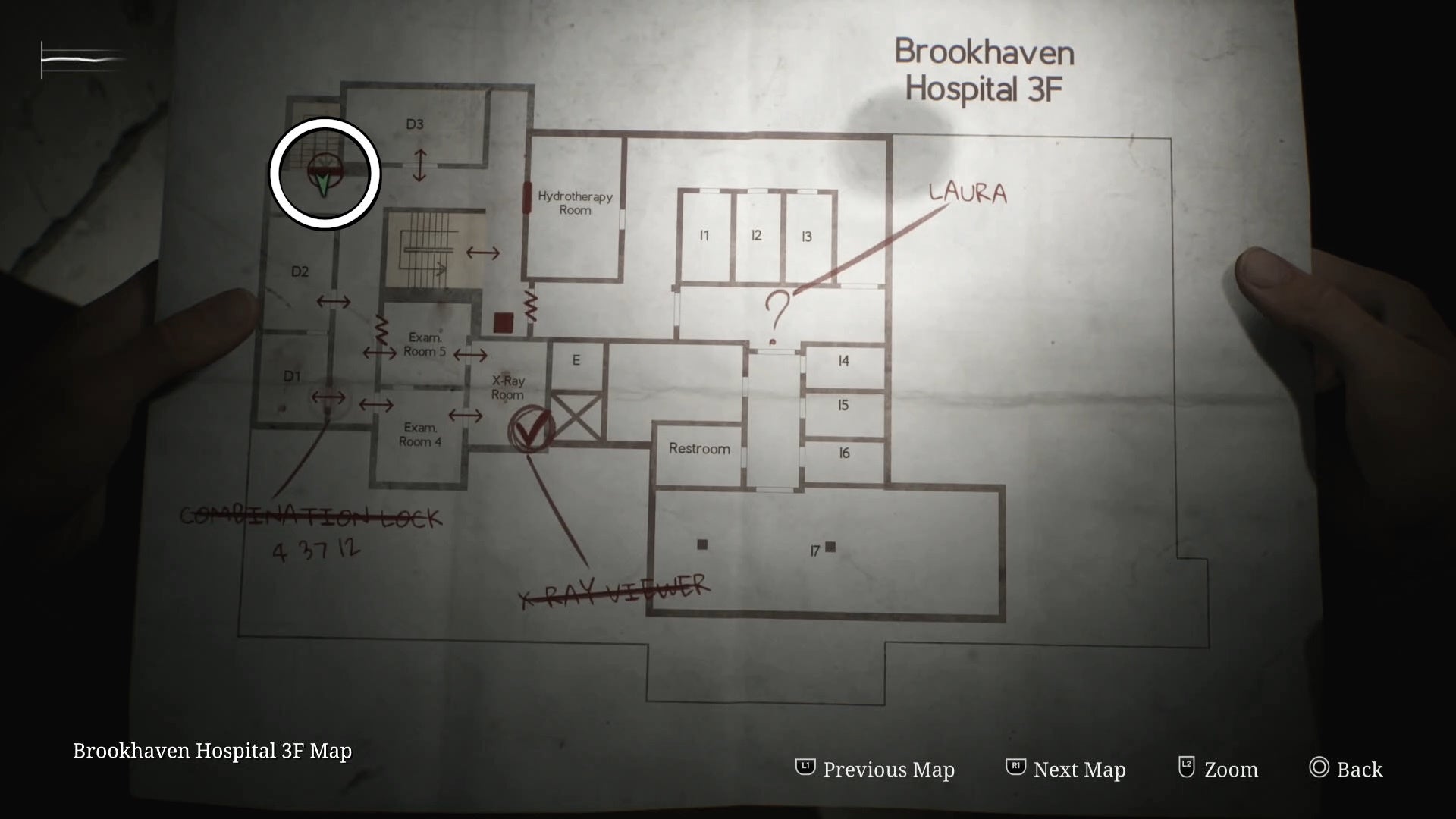 A white circle showing the location on the 2F Brookhaven Hospital map of the Rooftop door in Silent Hill 2.
