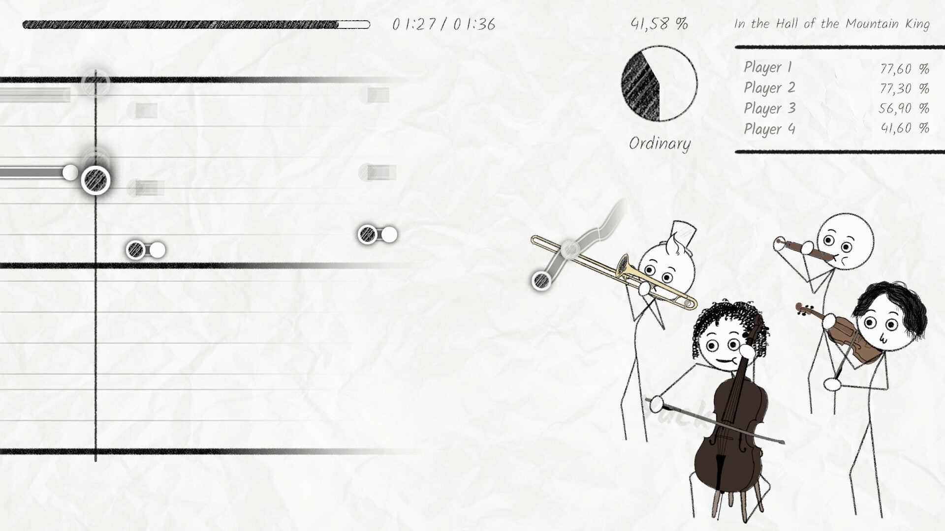 A screenshot from Disaster Band showing players with different musical instruments trying to play In The Hall Of The Mountain King