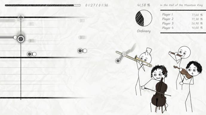 A screenshot from Disaster Band showing players with different musical instruments trying to play In The Hall Of The Mountain King