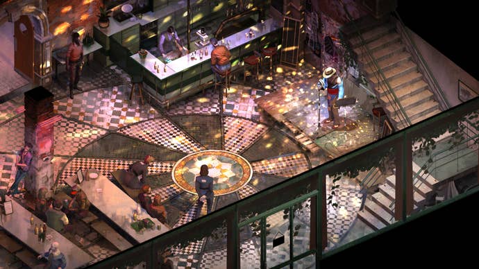 A man attempts to sing karaoke in a bar in Disco Elysium