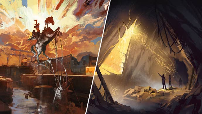 A combination image of Longdue’s concept art for an unreleased game, and Disco Elysium.