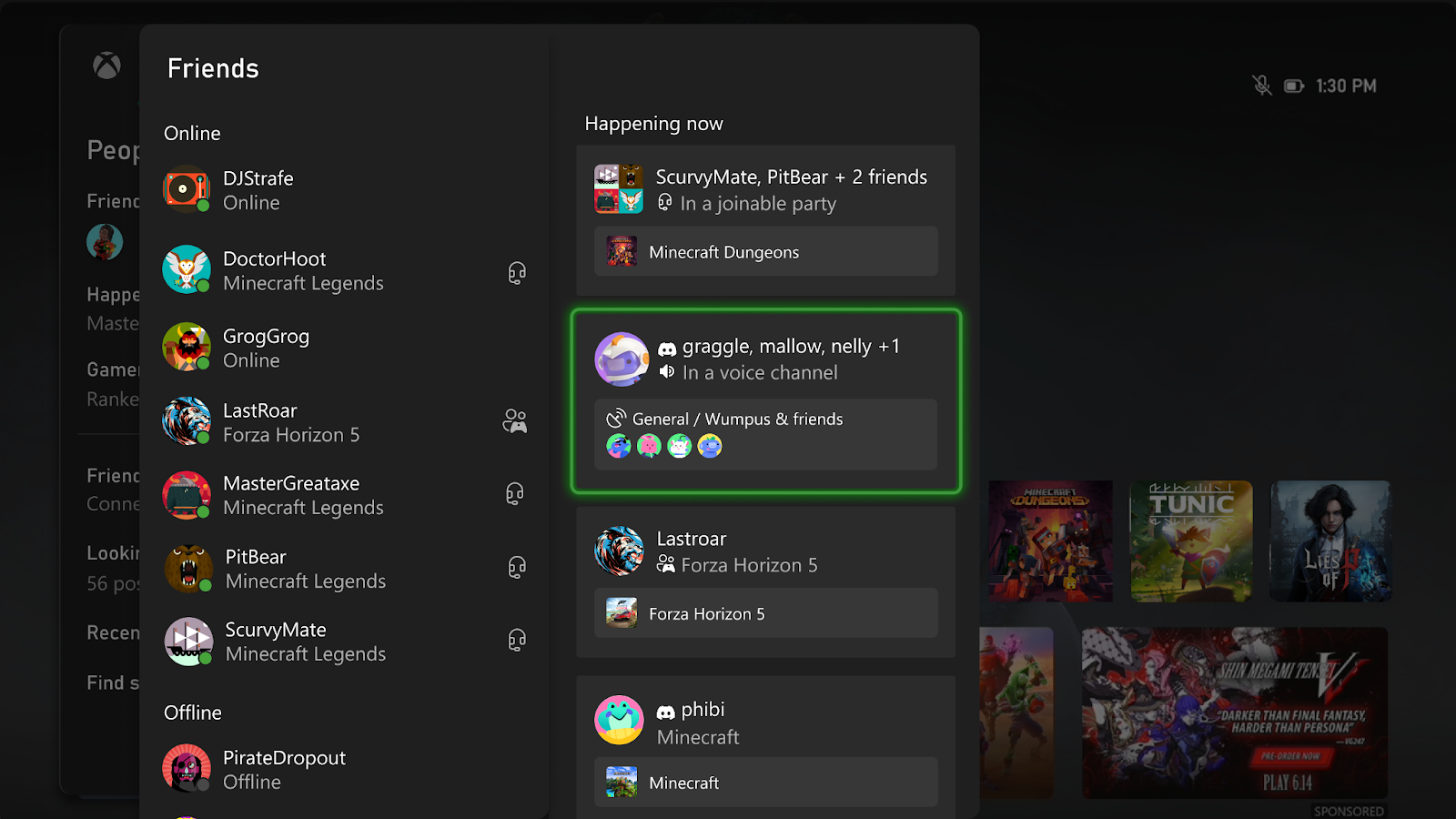 A screenshot showing Xbox&rsquo;s updated Friends list, with Discord user integration.