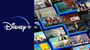 Disney+ logo to the left of a collage of movie and TV show thumbnails.
