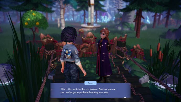 A player speaks with Anna about clearing a blocked bridge in Disney Dreamlight Valley's Valor Forest