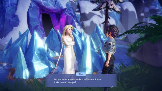 A player speaks with Elsa about a pickaxe upgrade in Valor Forest of Disney Dreamlight Valley