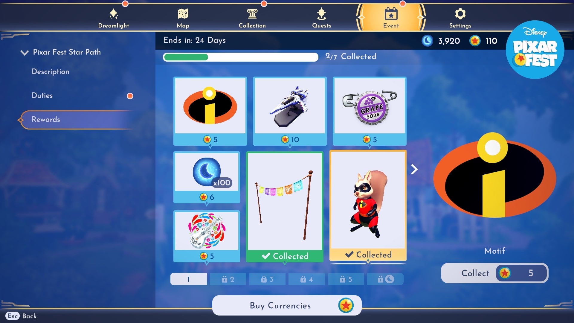 The events menu in Disney Dreamlight Valley, featuring Pixar Fest