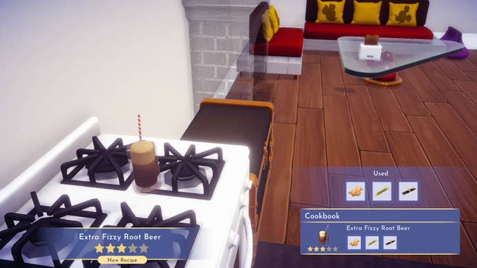 The recipe for extra fizzy root beer in Disney Dreamlight Valley is shown, alongside the finished dessert
