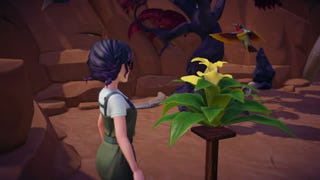A player feeds a bromeliad to a sunbird in Disney Dreamlight Valley