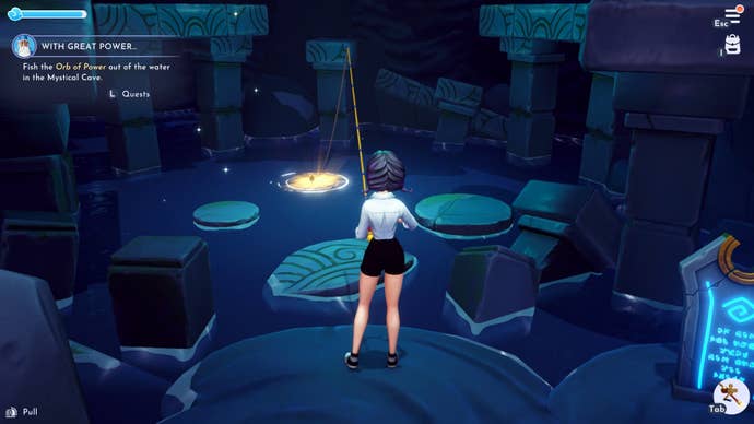 A player fishes for the Orb of Power in the bottom of the Mystical Cave in Disney Dreamlight Valley