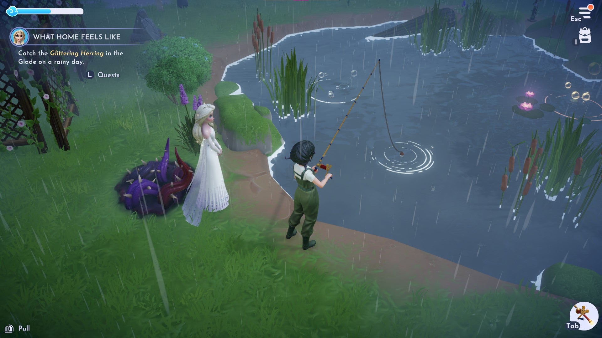 A player fishes alongside Elsa on a rainy day in Disney Dreamlight Valley - 4