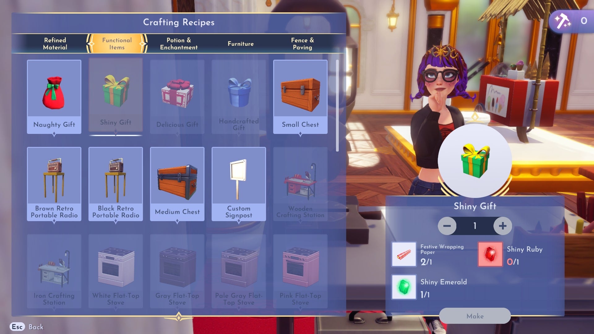 The player looks at crafting festive gifts at a Crafting Bench in Disney Dreamlight Valley - 4