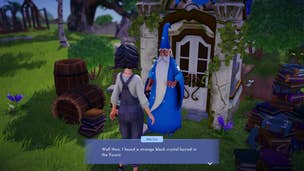 A player speaks with Merlin outside of his home in Disney Dreamlight Valley