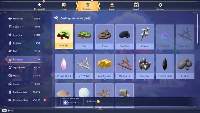 The rich soil resource shown in the collections menu of Disney Dreamlight Valley