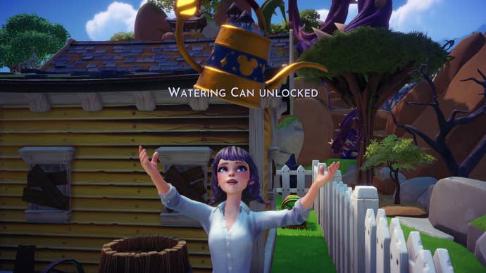 A player holds the Watering Can Royal Tool in Disney Dreamlight Valley