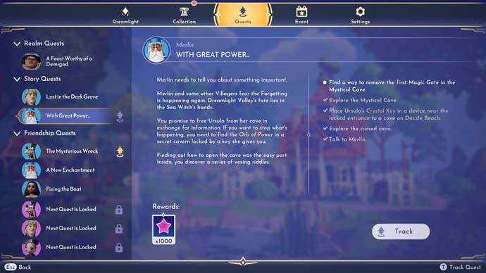 The 'With Great Power' quest description, given by Merlin in Disney Dreamlight Valley, is shown
