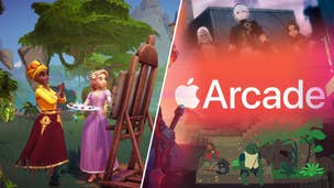 A picture of two Disney characters in Disney Dreamlight Valley is shown beside the Apple Arcade logo