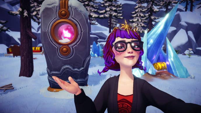 The player stands in front of the pillar in Frosted Heights in Disney Dreamlight Valley