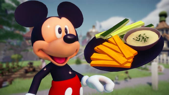An image of Mickey Mouse staring at a place of crudites while smiling. They’re against a blurred backdrop of some grass in Disney Dreamlight Valley.
