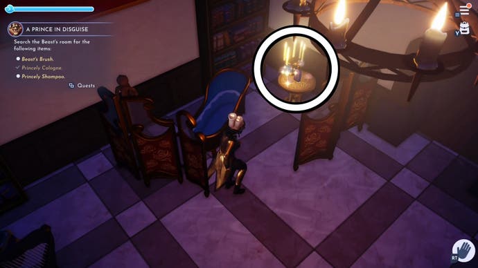 the bathroom in beasts castle with the princely shampoo item circled