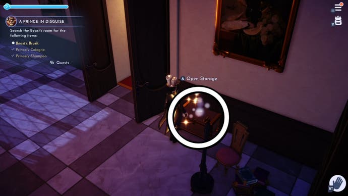the bathroom in beasts castle with the chest containing the brush item circled
