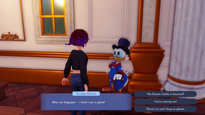 The player speaks with Scrooge McDuck in his store in Disney Dreamlight Valley