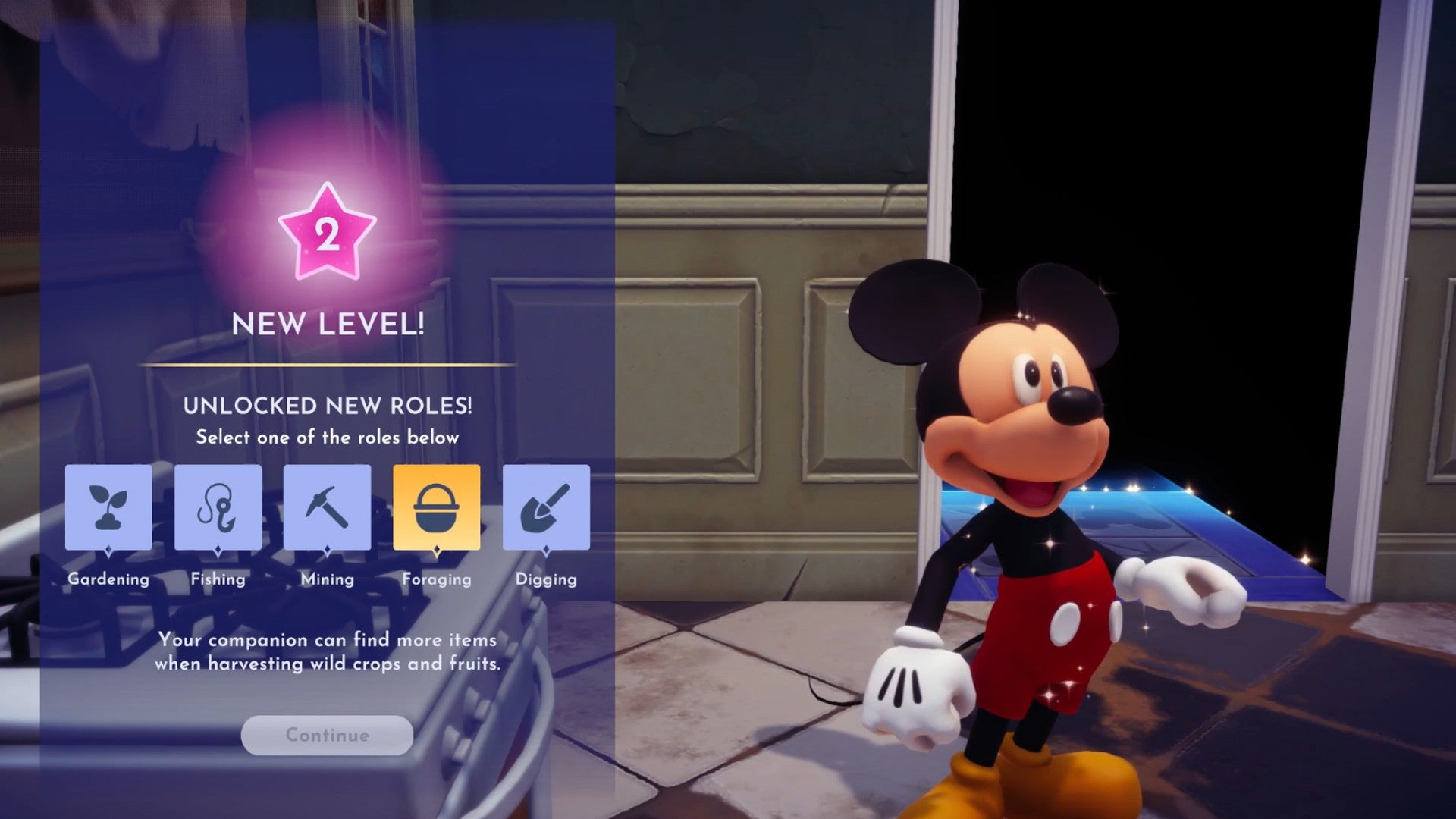 Disney Dreamlight Valley screenshot showing Mickey Mouse in a house on the right and a tab on the left that shows they&rsquo;ve gained a new friendship level.