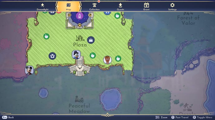 Disney Dreamlight Valley screenshot showing various icons in the Plaza, with the player located between two apple trees in the lower-right corner.