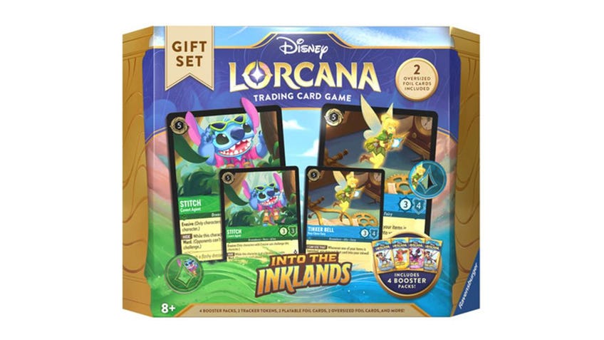 Disney Lorcana Into the Inklands gift set featuring oversized Stitch and Tinkerbell cards.