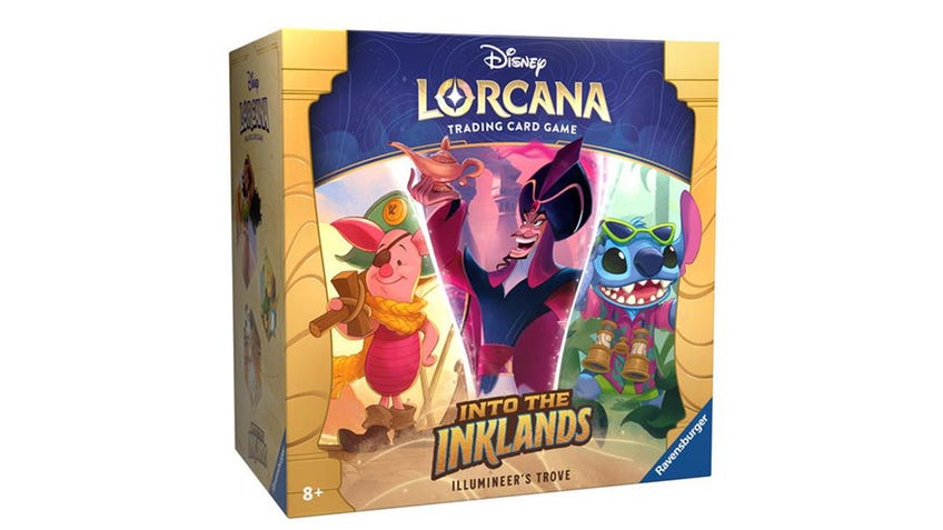 Disney Lorcana Into the Inklands Illumineers Trove set featuring Piglet, Jafar and Stitch on the box cover.