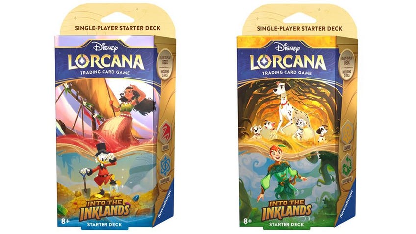 Disney Lorcana Into the Inklands Starter Decks including a Moana and Scrooge set, and a Pongo and Peter and Pan set.