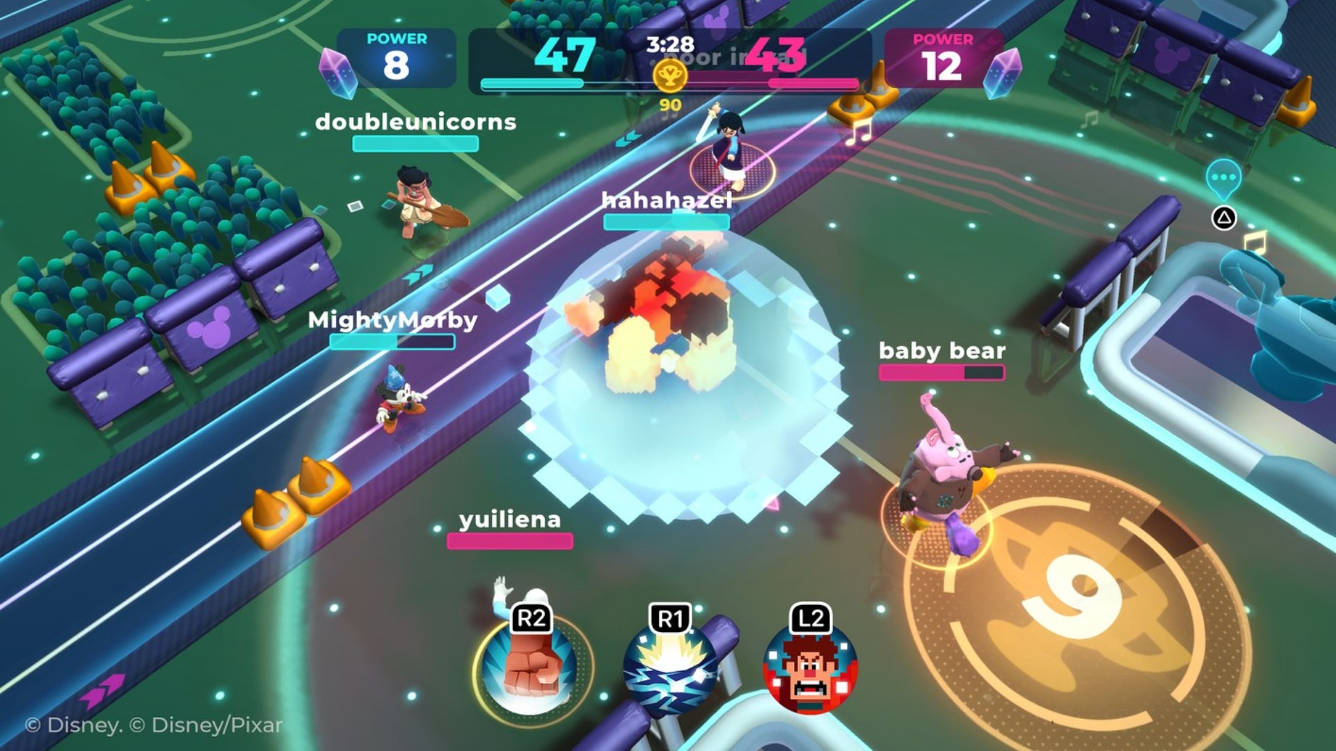 A group of players engage in a 3v3 in Disney Melee Mania - 6