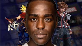 Ncuti Gatwa's face sits in the middle of art from Kingdom Hearts: Sora and Cloud flank the latest Dr Who. In the background, a blurred Disney Plus tile screen.