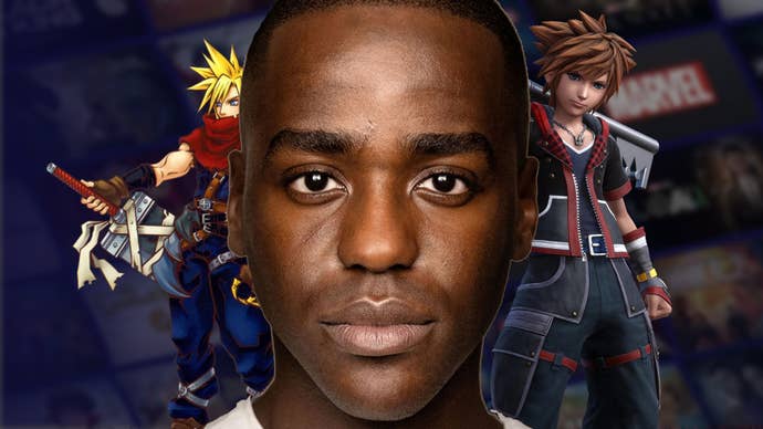 Ncuti Gatwa’s face sits in the middle of art from Kingdom Hearts: Sora and Cloud flank the latest Dr Who. In the background, a blurred Disney Plus tile screen.