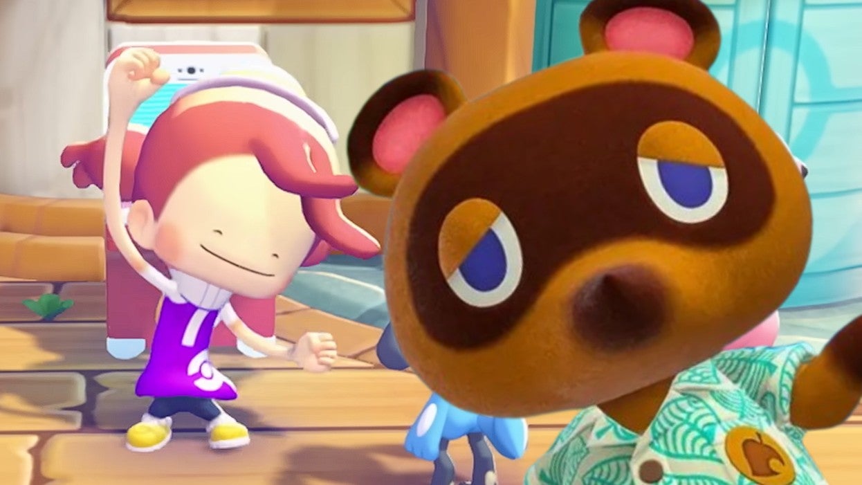 Ditto dancing in Pokemon Pokopia with an image of Animal Crossing's Tom Nook overlaid on top