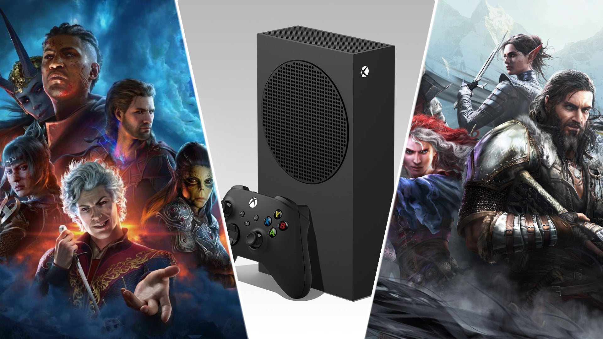 Key art from Baldur's Gate 3 and Divinity: Original Sin 2 flanks a black Xbox Series S console. - 1