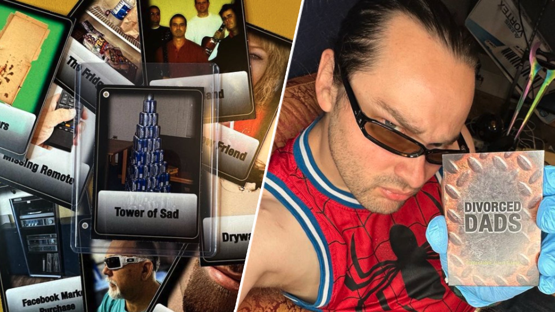 A split image featuring comedian Graeme Barrett, aka AudioOpera, and a selection of cards from the Divorced Dads card game. - 1