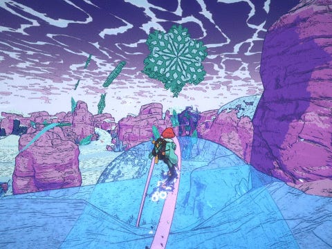 Um gif de Dungeons of Hinterberg mostrando o jogador andando em uma prancha de snowboard mágica em um trilho rosa através de um mundo montanhoso gelado