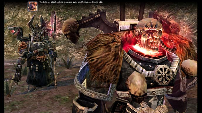 Dawn of War Definitive Edition screenshot showing a properly hideos Chaos Lord talking in a cutscene
