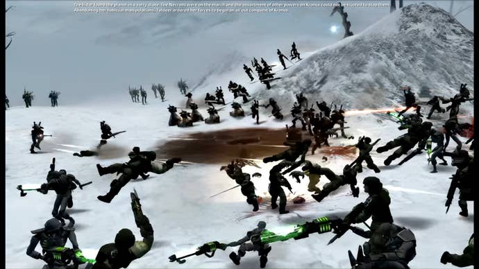 Dawn of War Definitive Edition screenshot showing a cutscene clip where Elder battle Imperial Guard