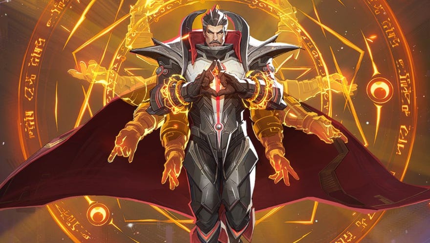 Doctor Strange in Marvel Rivals, floating in the air with his magic hands