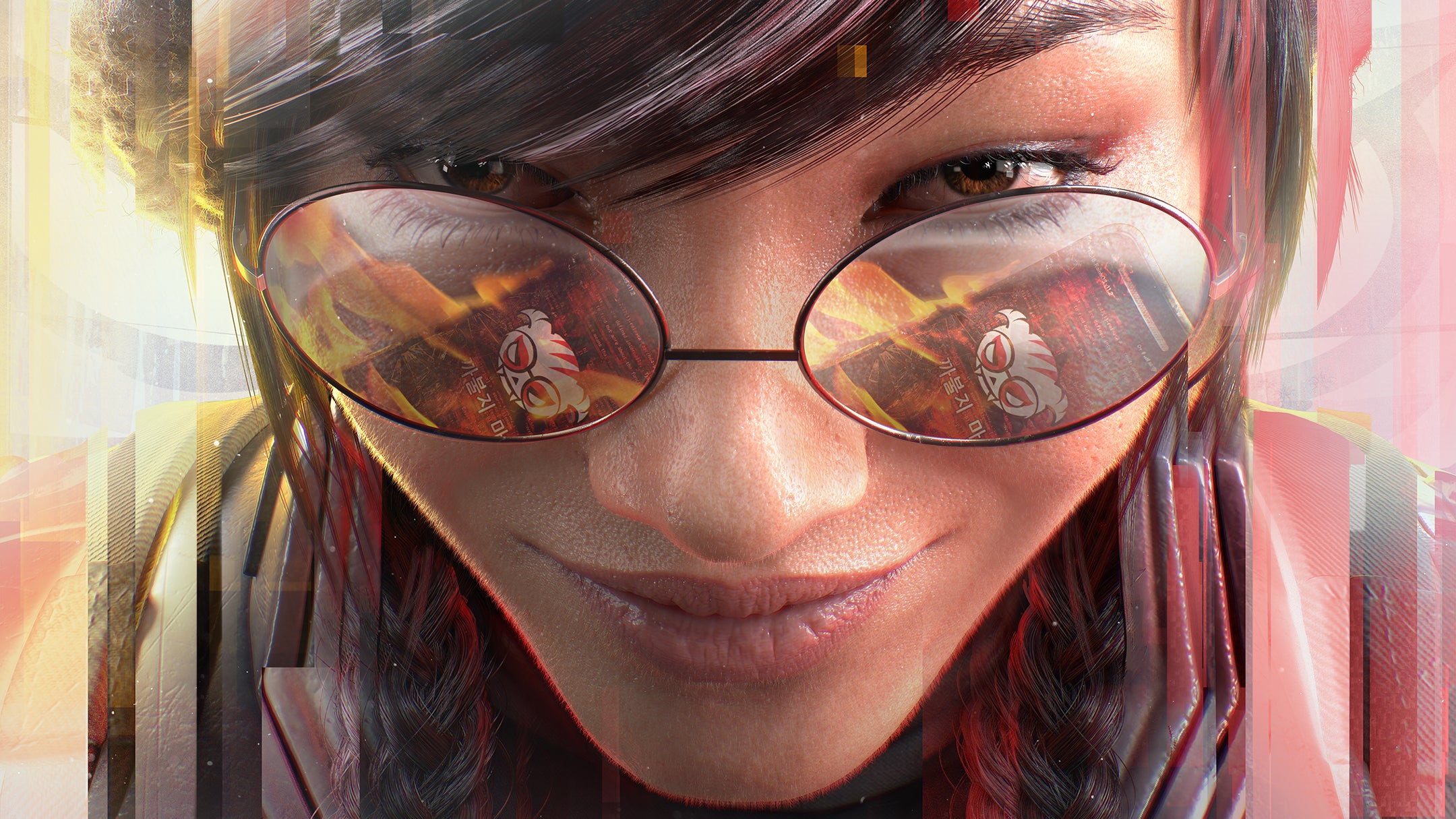 Rainbow Six Siege Screenshot: Nahaufnahme Dokkaebi. In den Brillengläsern spiegelt sich das Logo ihres Charakters.