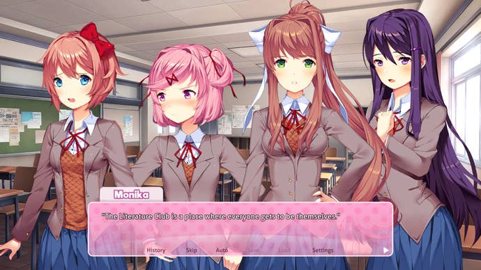 The characters featured in Doki Doki Literature Club are all shown