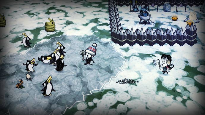 Two players run towards a group of penguins in Don’t Starve Together.