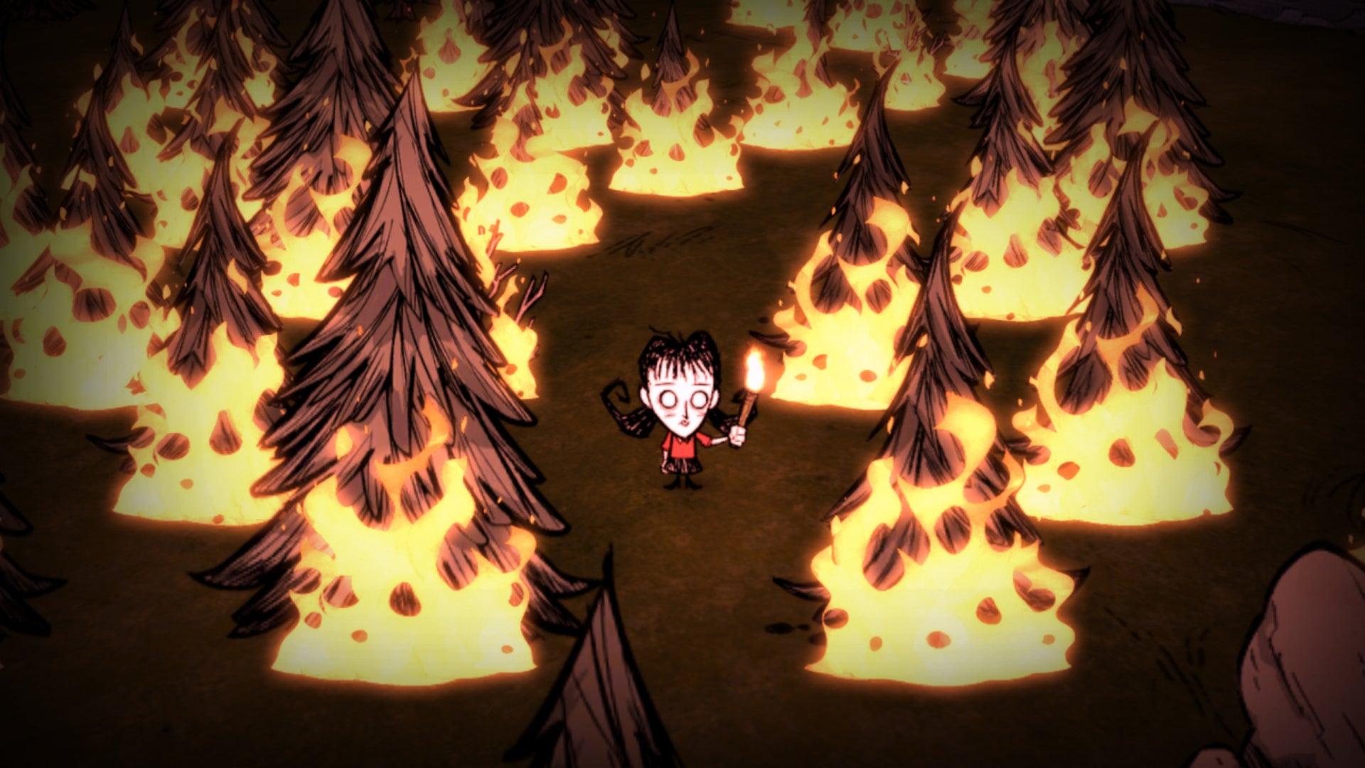 A player is surrounded by burning trees in Don&rsquo;t Starve.