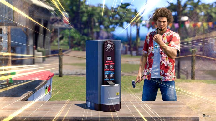 Ichiban stands next a swanky coffee machine he’s just built on LAD: Infinite Wealth’s Dondoko Island.