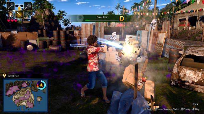 Ichiban swings at trash bags on LAD: Infinite Wealth’s Dondoko Island.