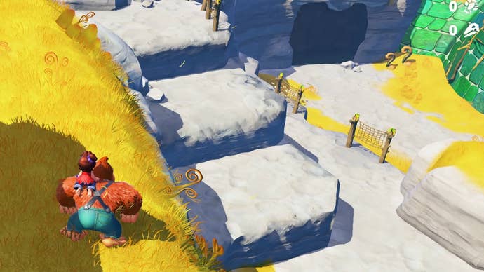 Donkey Kong Bananza screenshot: flickering shadows on a series of ledges