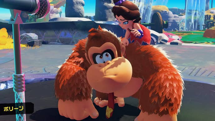 Donkey Kong Bananza screenshot: extremely low-res shadows visible from a hand